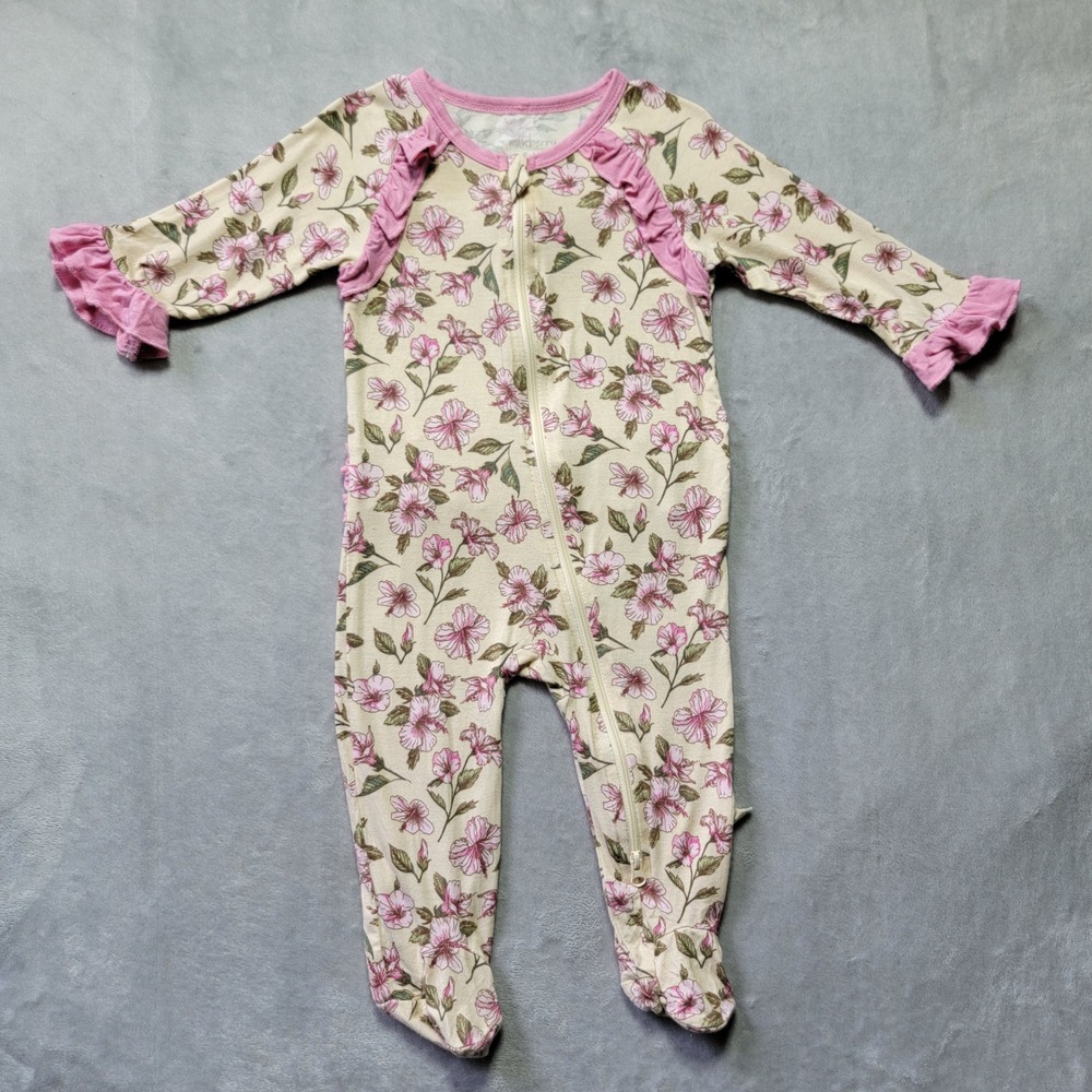 Milkberry Bamboo 3-6m Baby Girl Floral Ruffle Footed Sleeper Romper Pink Cream